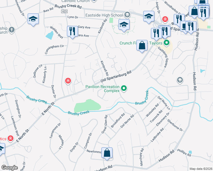 map of restaurants, bars, coffee shops, grocery stores, and more near 234 Devonwood Court in Taylors