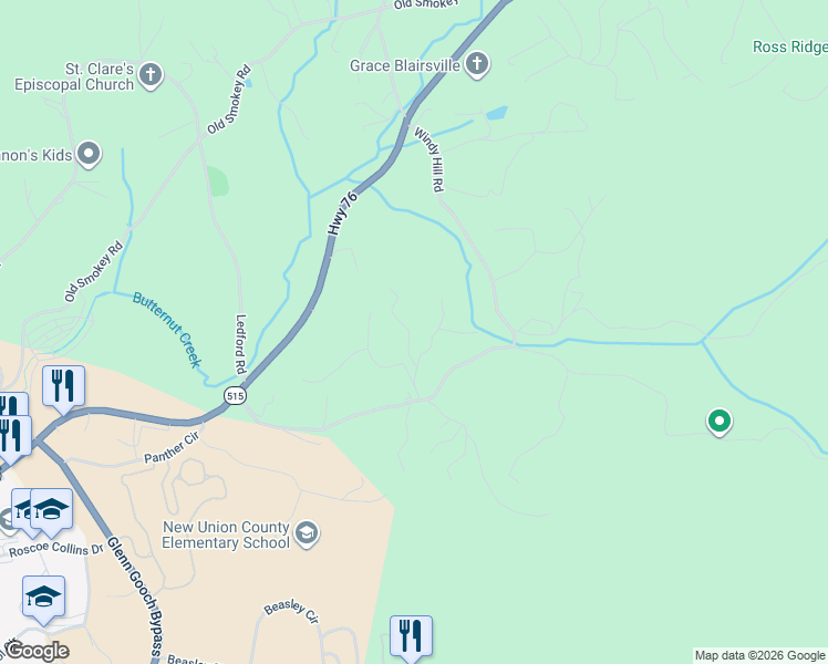 map of restaurants, bars, coffee shops, grocery stores, and more near 624 Firefly Ridge Road in Blairsville