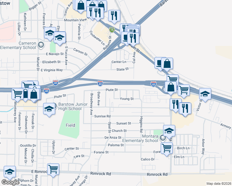 map of restaurants, bars, coffee shops, grocery stores, and more near 305 Beverly Avenue in Barstow