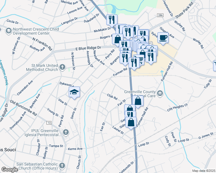 map of restaurants, bars, coffee shops, grocery stores, and more near 408 Furman Road in Greenville