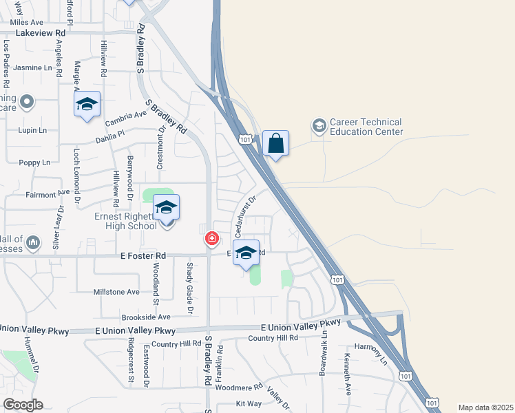 map of restaurants, bars, coffee shops, grocery stores, and more near 4036 Cedarhurst Drive in Santa Maria