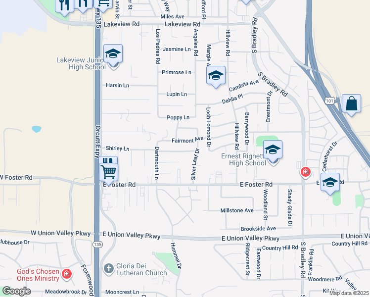 map of restaurants, bars, coffee shops, grocery stores, and more near 579 Shirley Lane in Santa Maria