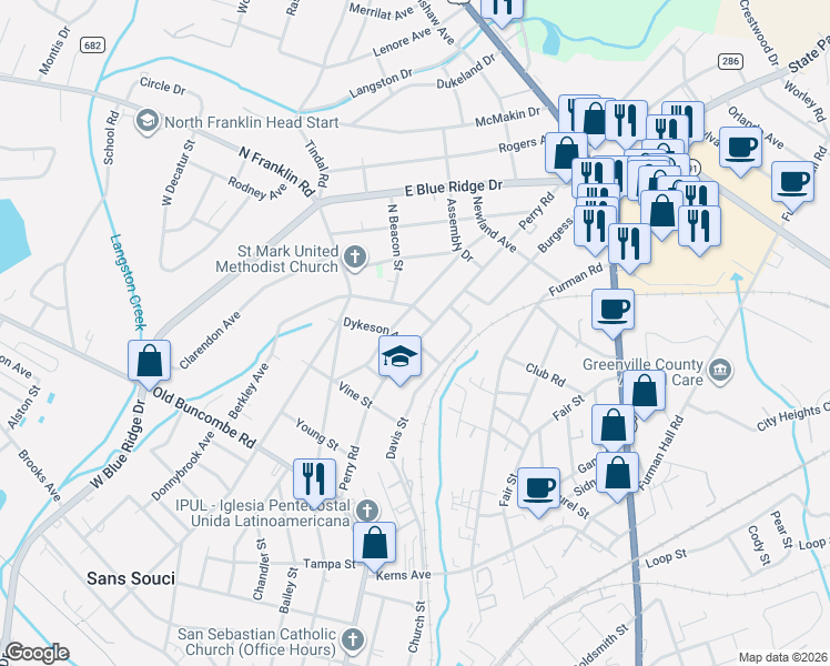 map of restaurants, bars, coffee shops, grocery stores, and more near 405 Perry Road in Greenville