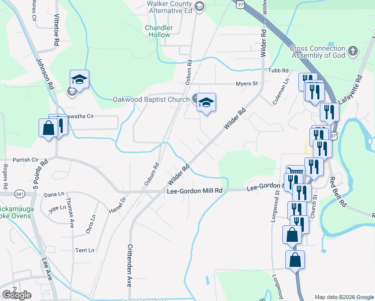 map of restaurants, bars, coffee shops, grocery stores, and more near 129 Wilder Road in Chickamauga