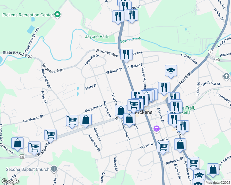 map of restaurants, bars, coffee shops, grocery stores, and more near 214 North Catherine Street in Pickens