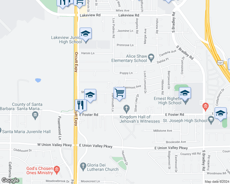 map of restaurants, bars, coffee shops, grocery stores, and more near 4006 Dartmouth Lane in Santa Maria