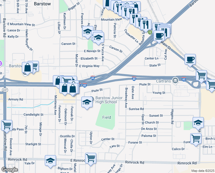 map of restaurants, bars, coffee shops, grocery stores, and more near 1313 Piute Street in Barstow