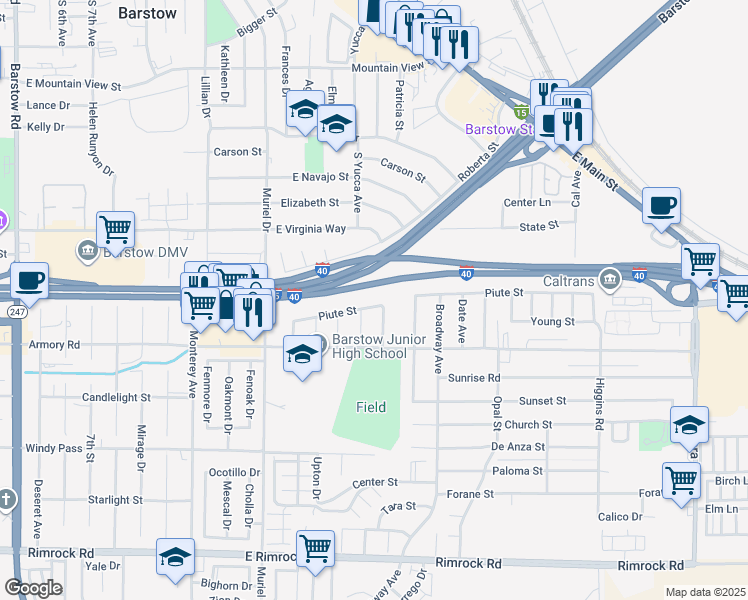 map of restaurants, bars, coffee shops, grocery stores, and more near 1313 Piute Street in Barstow