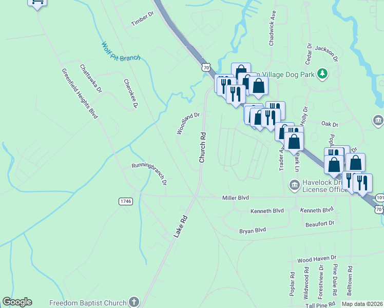 map of restaurants, bars, coffee shops, grocery stores, and more near 1 Pine Circle in Havelock