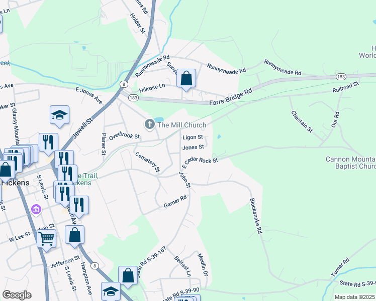 map of restaurants, bars, coffee shops, grocery stores, and more near 116 Jones Street in Pickens