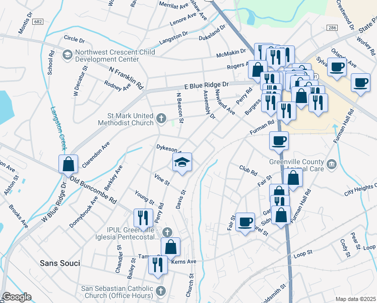 map of restaurants, bars, coffee shops, grocery stores, and more near 405 Perry Road in Greenville