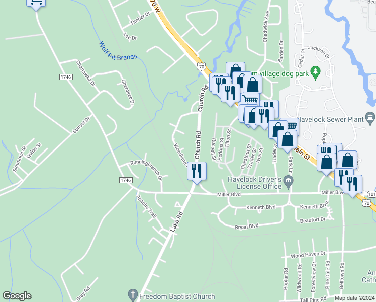 map of restaurants, bars, coffee shops, grocery stores, and more near 1 Pine Circle in Havelock