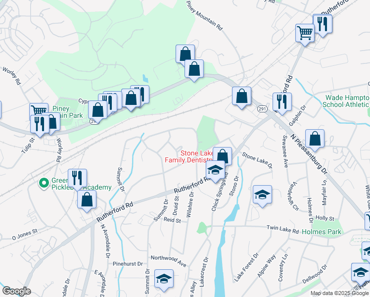 map of restaurants, bars, coffee shops, grocery stores, and more near 18 Brentwood Drive in Greenville
