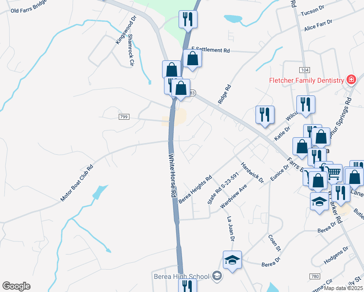 map of restaurants, bars, coffee shops, grocery stores, and more near 7584 White Horse Road in Greenville