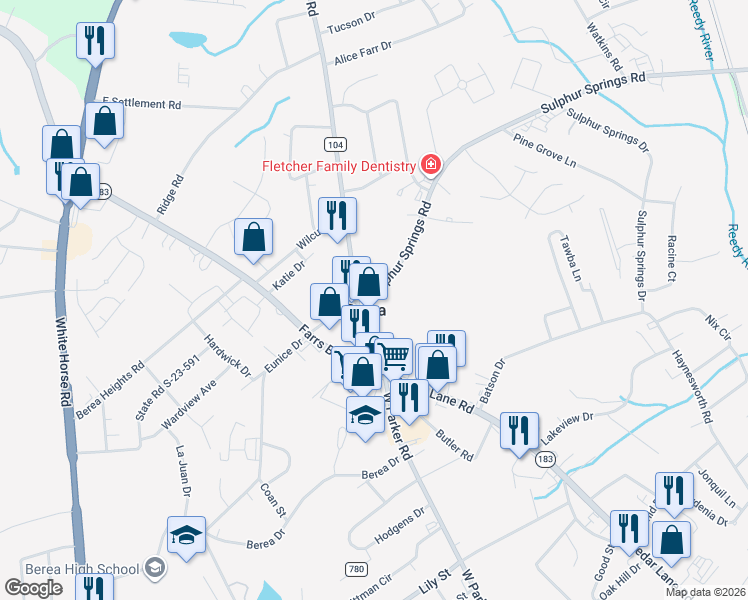 map of restaurants, bars, coffee shops, grocery stores, and more near 651 Sulphur Springs Road in Greenville