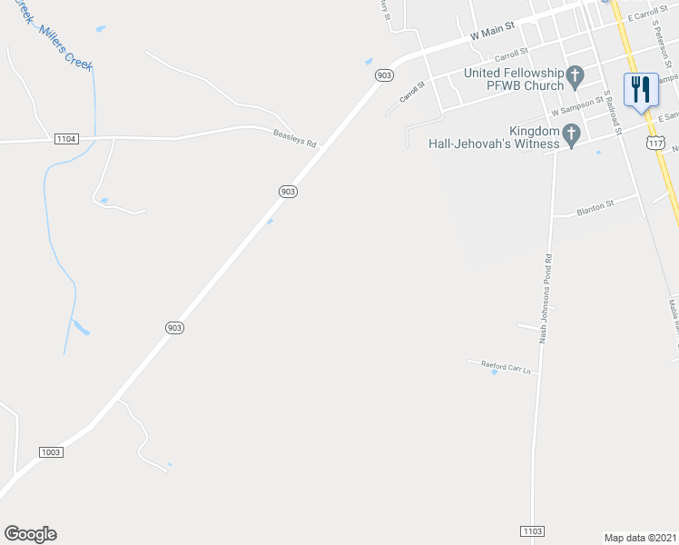 map of restaurants, bars, coffee shops, grocery stores, and more near Newkirk Road in Duplin County