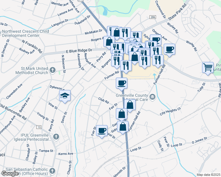 map of restaurants, bars, coffee shops, grocery stores, and more near 9 Ellendale Avenue in Greenville