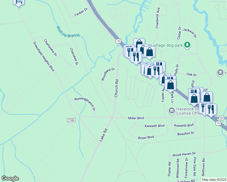 map of restaurants, bars, coffee shops, grocery stores, and more near 220 Church Road in Havelock