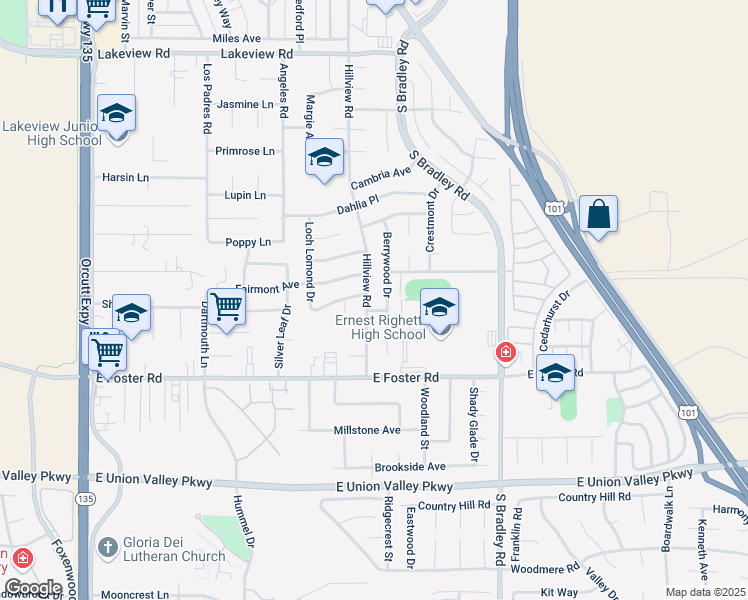 map of restaurants, bars, coffee shops, grocery stores, and more near 4017 Hillview Road in Santa Maria