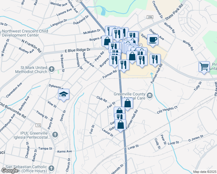 map of restaurants, bars, coffee shops, grocery stores, and more near 9 Ellendale Avenue in Greenville