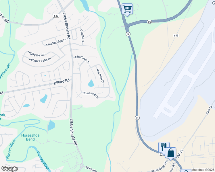 map of restaurants, bars, coffee shops, grocery stores, and more near 512 Chartwell Drive in Greer