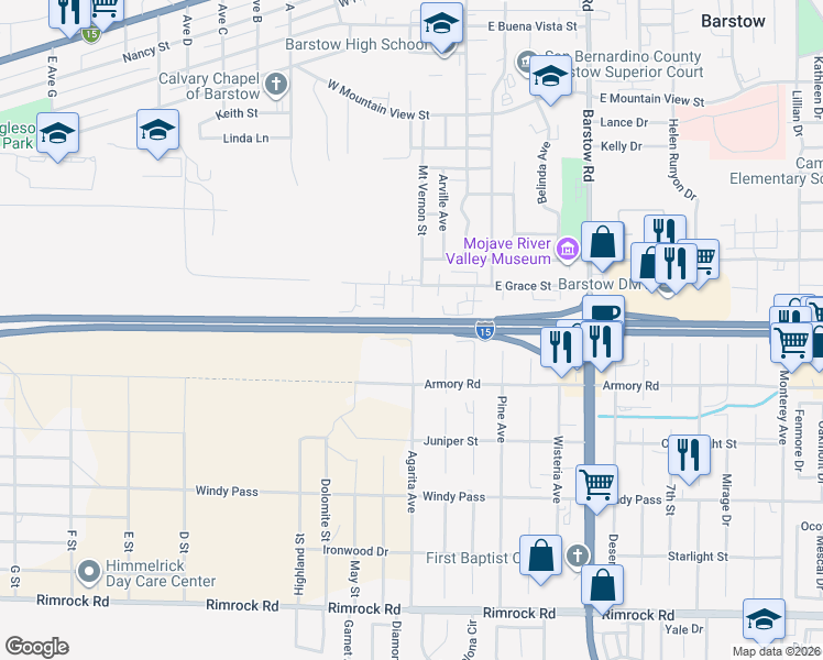 map of restaurants, bars, coffee shops, grocery stores, and more near Interstate 15 in Barstow