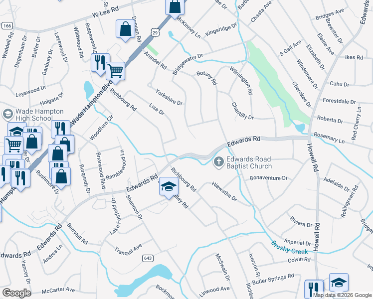 map of restaurants, bars, coffee shops, grocery stores, and more near 1009 Edwards Road in Greenville
