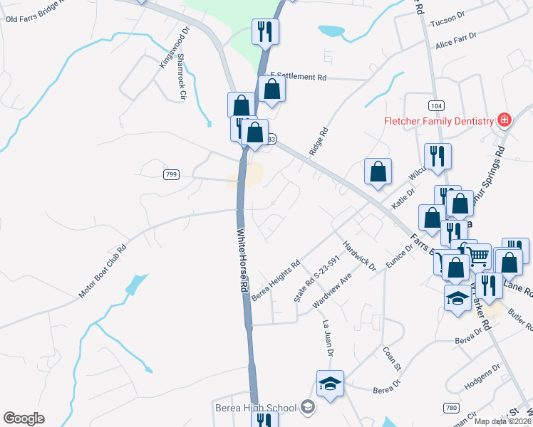 map of restaurants, bars, coffee shops, grocery stores, and more near 7540 White Horse Road in Greenville