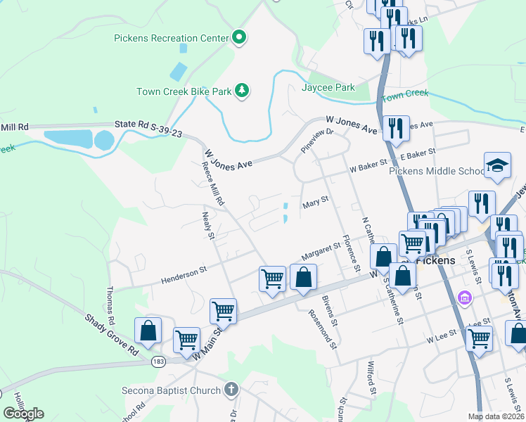 map of restaurants, bars, coffee shops, grocery stores, and more near 131 Colonial Walk in Pickens