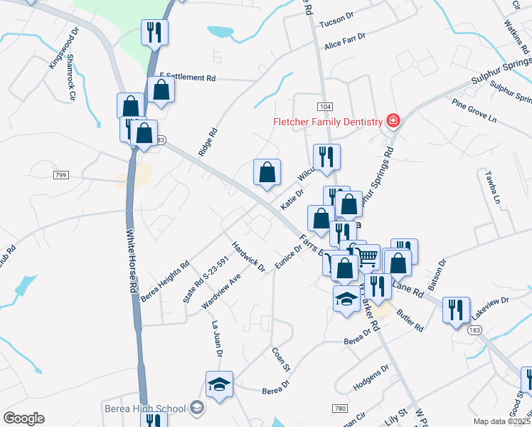 map of restaurants, bars, coffee shops, grocery stores, and more near 125 Farrs Bridge Road in Greenville