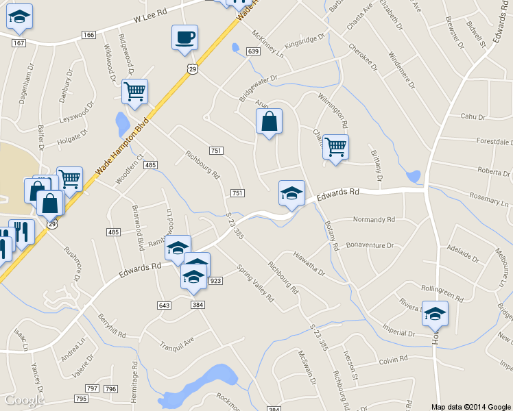 map of restaurants, bars, coffee shops, grocery stores, and more near 1009 Edwards Road in Greenville