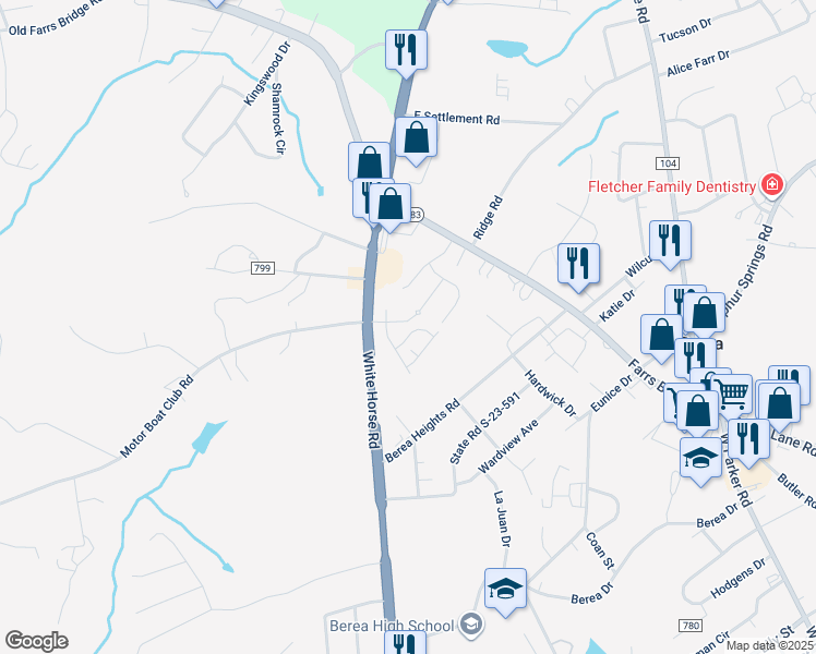map of restaurants, bars, coffee shops, grocery stores, and more near 7540 White Horse Road in Greenville