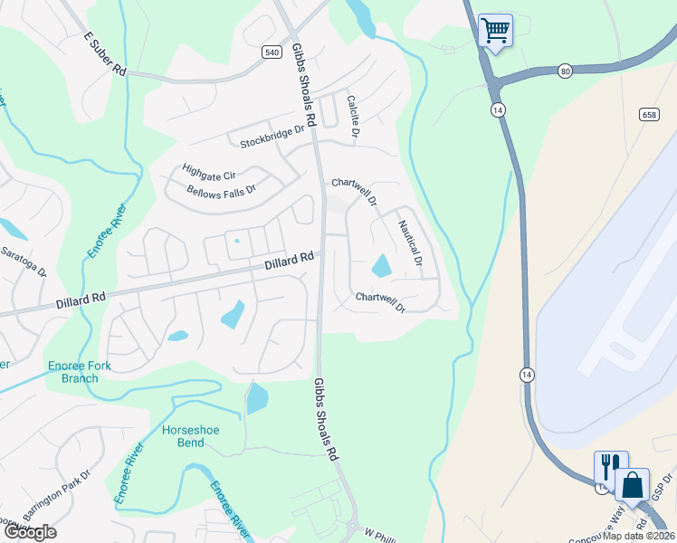 map of restaurants, bars, coffee shops, grocery stores, and more near 110 Chartwell Drive in Greer
