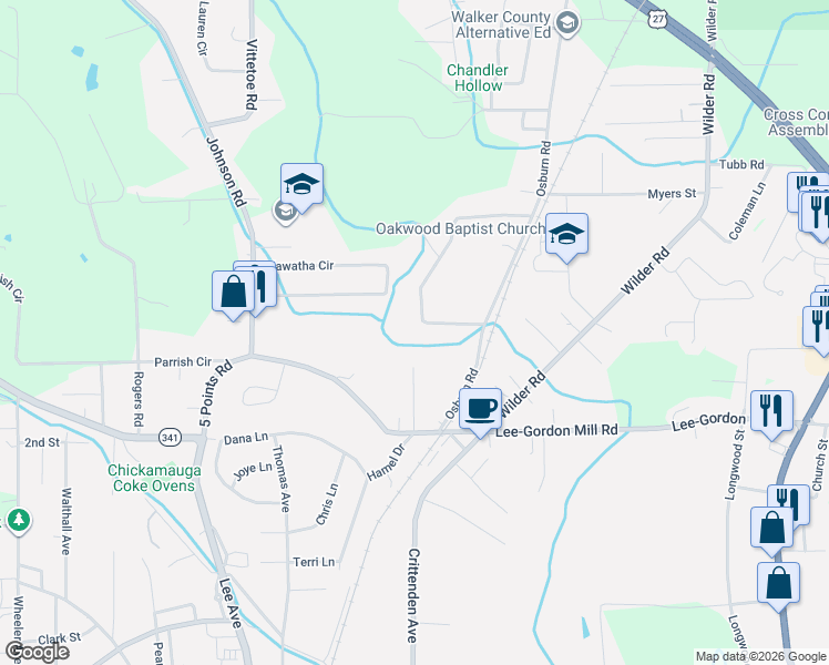 map of restaurants, bars, coffee shops, grocery stores, and more near 110 Osborn Street in Chickamauga