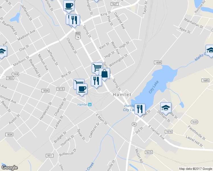map of restaurants, bars, coffee shops, grocery stores, and more near 10 West Hamlet Avenue in Hamlet