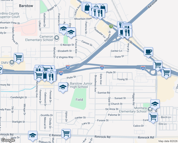 map of restaurants, bars, coffee shops, grocery stores, and more near 1405 Piute Street in Barstow