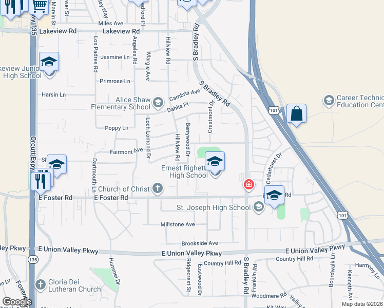 map of restaurants, bars, coffee shops, grocery stores, and more near 4008 Berrywood Drive in Santa Maria