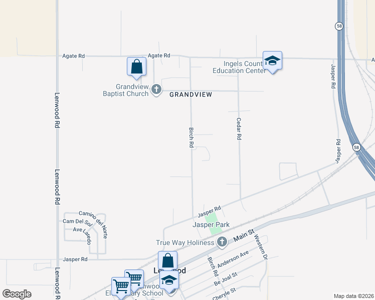 map of restaurants, bars, coffee shops, grocery stores, and more near 34942 Birch Road in Barstow
