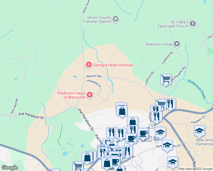 map of restaurants, bars, coffee shops, grocery stores, and more near Nursing Home Circle in Union County