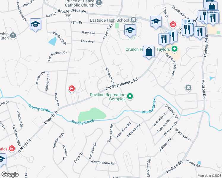 map of restaurants, bars, coffee shops, grocery stores, and more near 234 Devonwood Court in Taylors