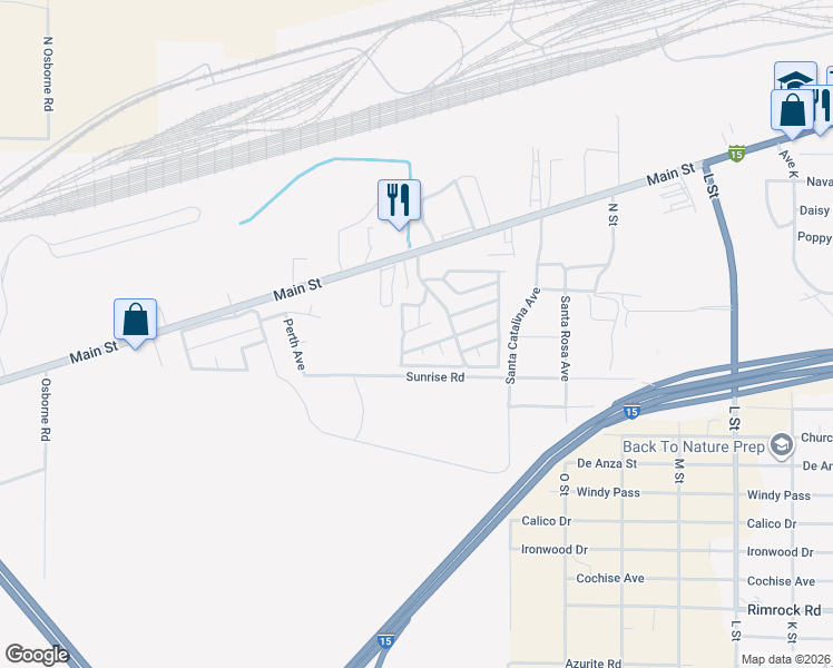 map of restaurants, bars, coffee shops, grocery stores, and more near 2494 Main Street in Barstow