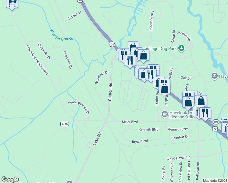 map of restaurants, bars, coffee shops, grocery stores, and more near 221 Church Road in Havelock