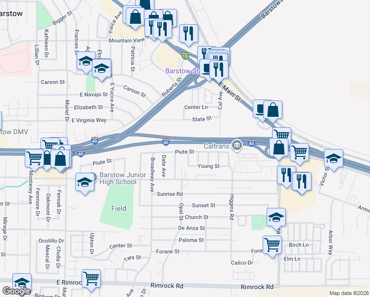 map of restaurants, bars, coffee shops, grocery stores, and more near 1601 Piute Street in Barstow
