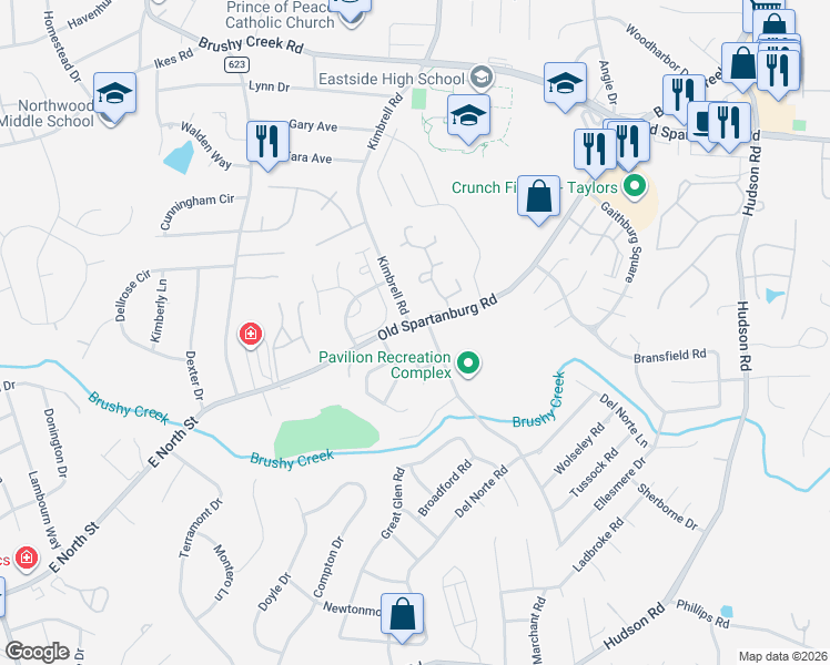 map of restaurants, bars, coffee shops, grocery stores, and more near 234 Devonwood Court in Taylors