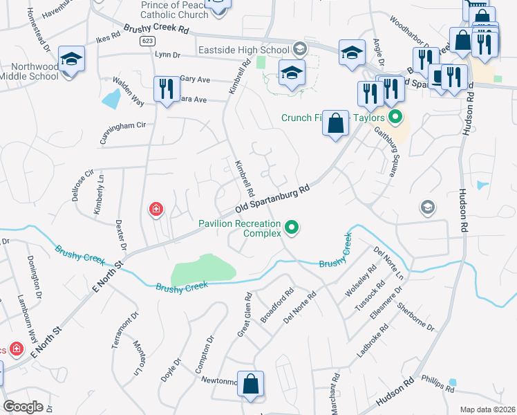 map of restaurants, bars, coffee shops, grocery stores, and more near 125 Shady Tree Drive in Taylors
