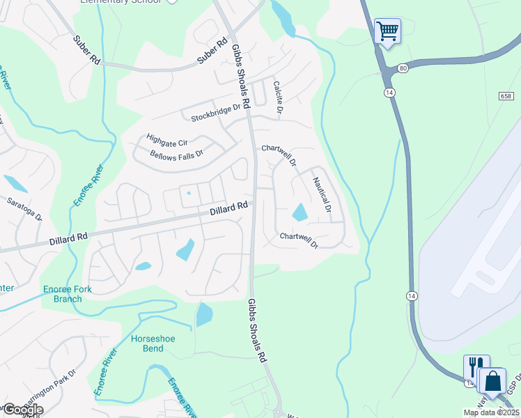 map of restaurants, bars, coffee shops, grocery stores, and more near 23 Seaside Lane in Greer