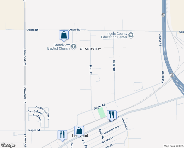map of restaurants, bars, coffee shops, grocery stores, and more near 34989 Birch Road in Barstow