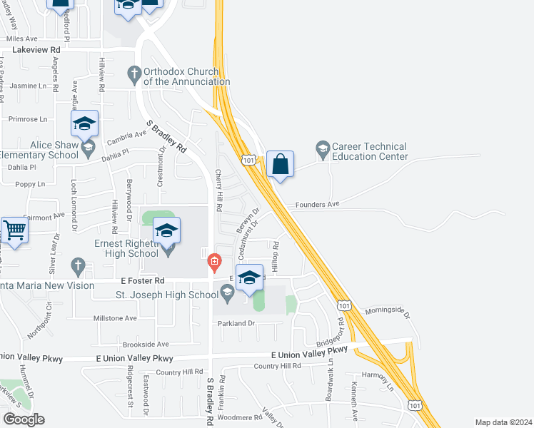 map of restaurants, bars, coffee shops, grocery stores, and more near 3960 Berwyn Drive in Santa Maria