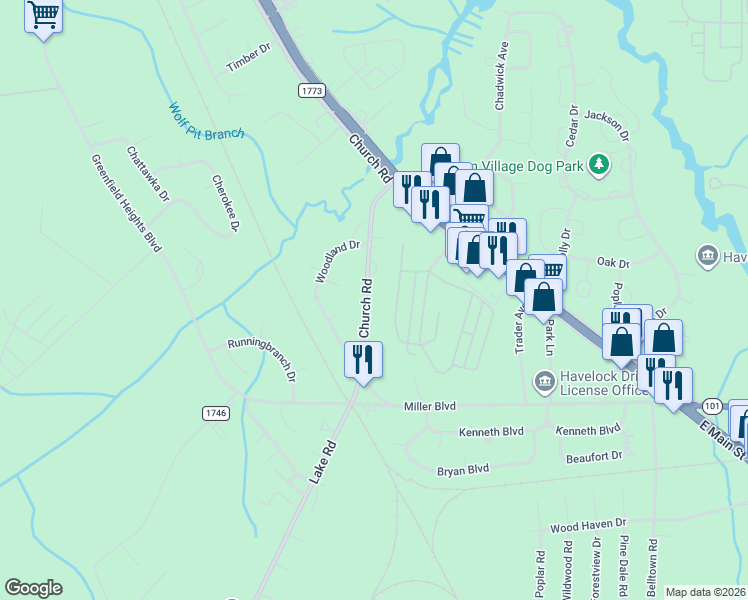 map of restaurants, bars, coffee shops, grocery stores, and more near 209 Church Road in Havelock