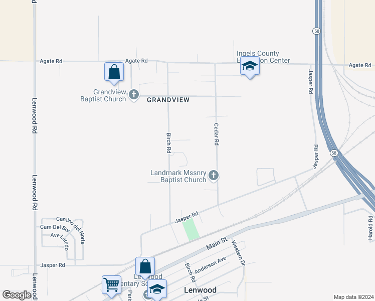 map of restaurants, bars, coffee shops, grocery stores, and more near 34957 Birch Road in Barstow